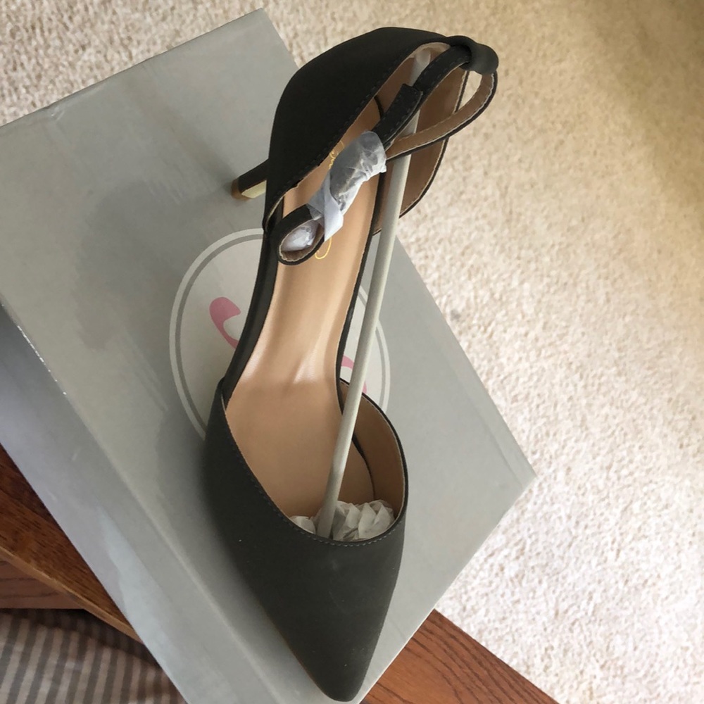 Gray ankle strap heels